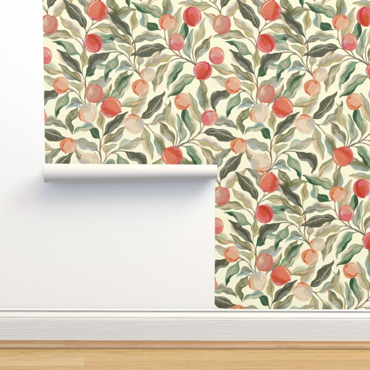 Peaches Fruit Leaves Botanical Floral Food Sage Green Peach Custom Removable Wallpaper by Spoonflower Peel & Stick Wallpaper 2FT Wide